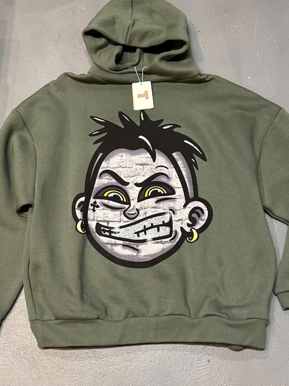 Taker Hoodie Medium Green Graffiti Face Graphic Front Back Pullover Sweatshirt
